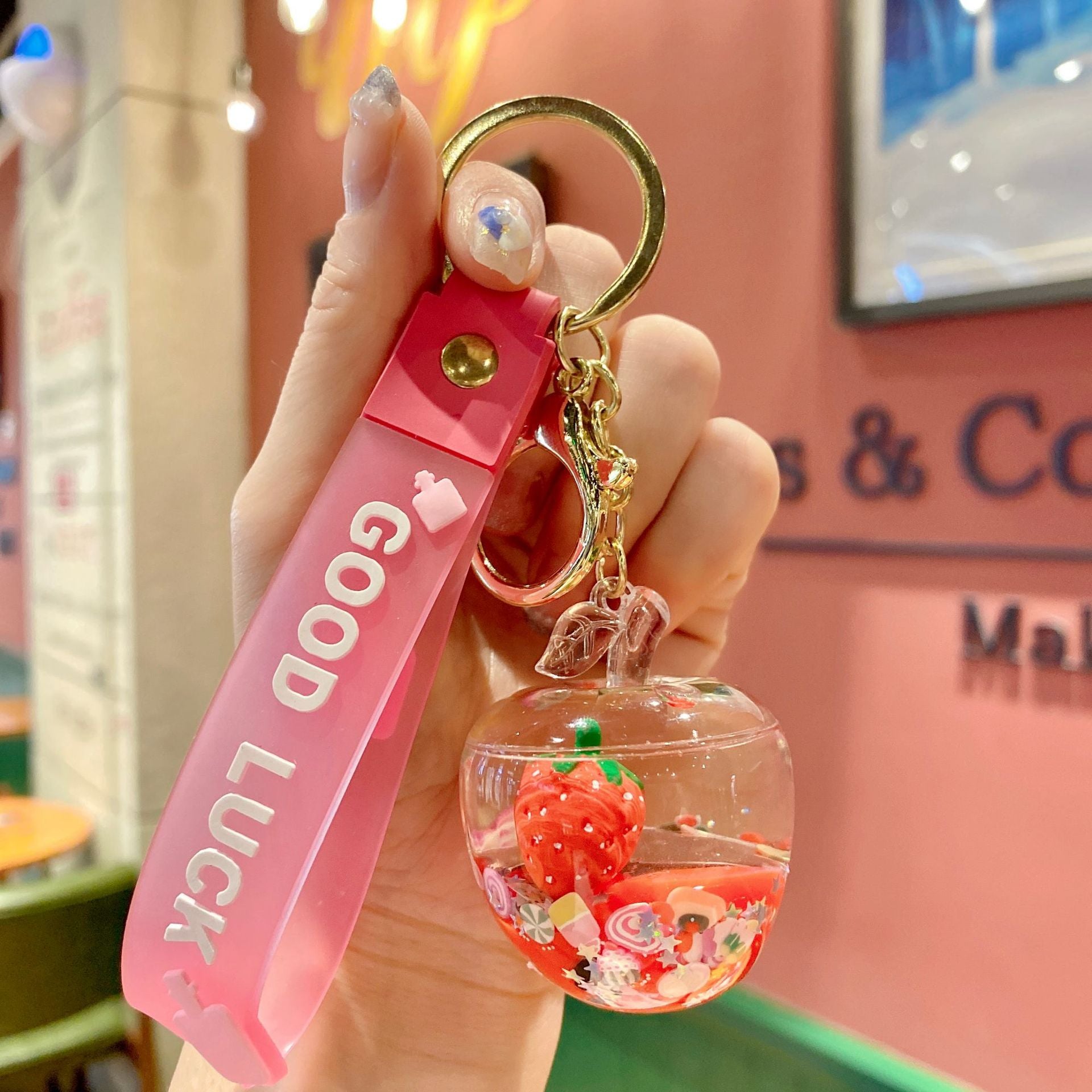Wholesale Acrylic Oil Quicksand Bottle Fruit Series Keychain